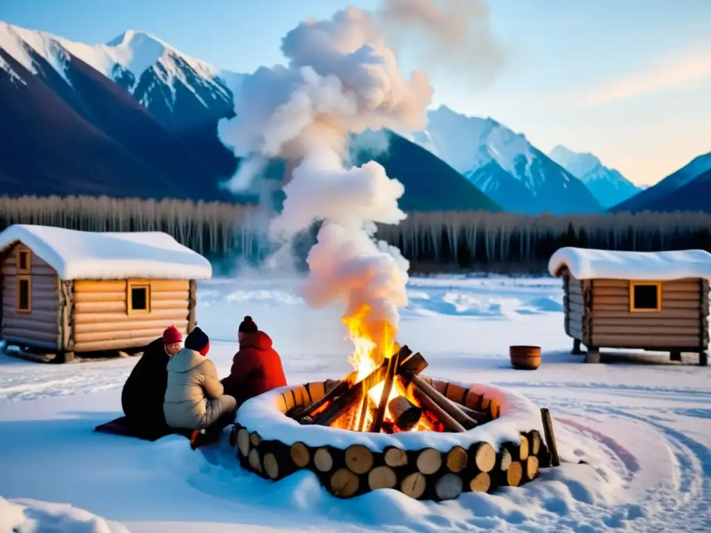 Un grupo de personas disfruta la tradición y salud de la sauna siberiana en la naturaleza, entre montañas nevadas