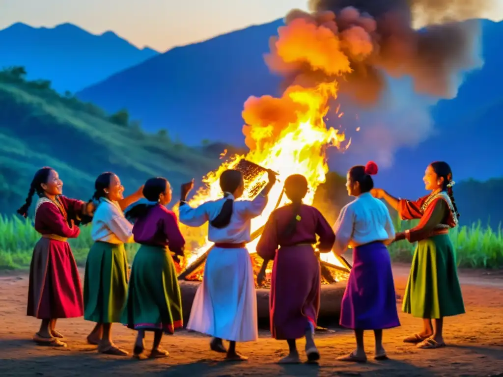 Un grupo de personas KadazanDusun en trajes tradicionales bailando alrededor de una fogata en el Festival de la Cosecha KadazanDusun Sabah, con colores vibrantes y expresiones alegres iluminadas por el fuego