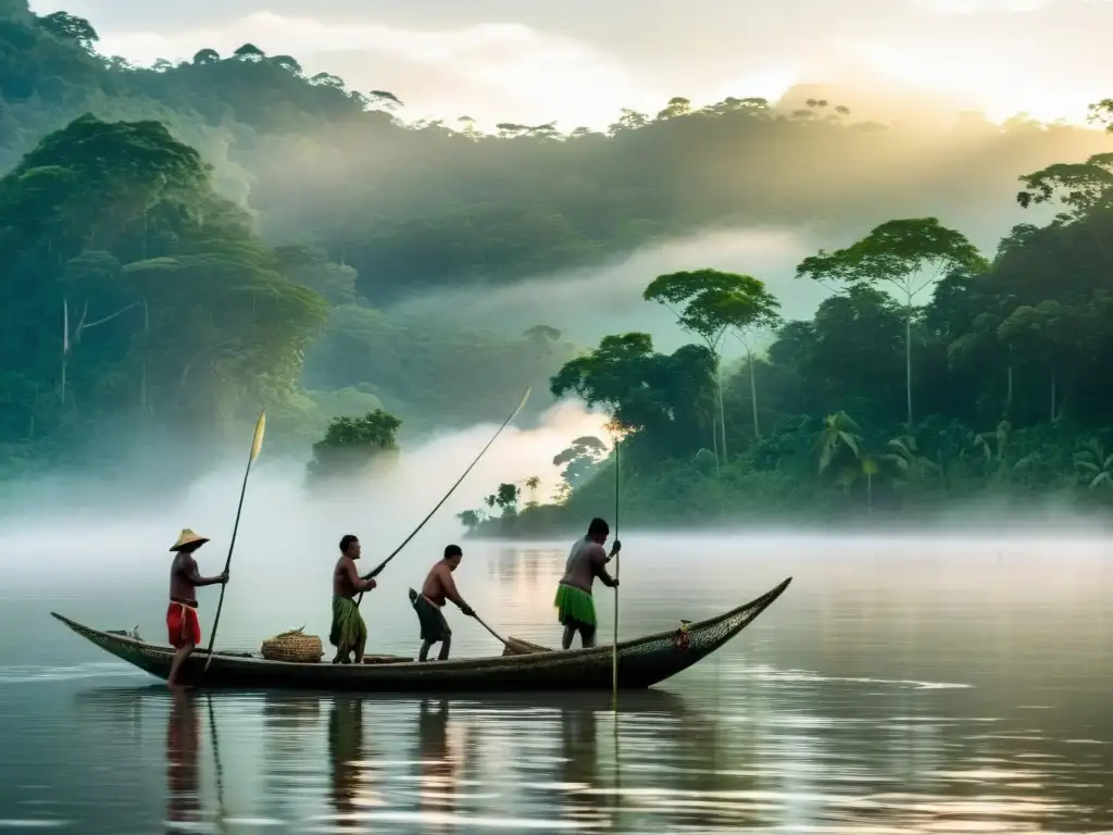 Grupo de pescadores indígenas en el Amazonas realizando rituales de pesca al amanecer en la selva brumosa