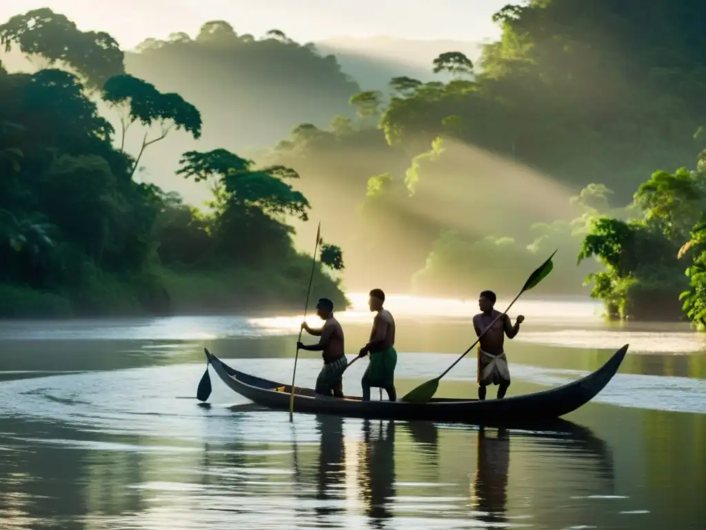 Grupo de pescadores indígenas en ritual de pesca en el Amazonas, rodeados de exuberante selva