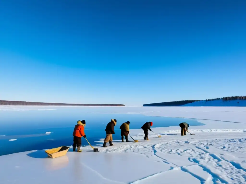 Grupo de pescadores indígenas siberianos en lago helado, tradición de pesca en hielo con herramientas de madera artesanales