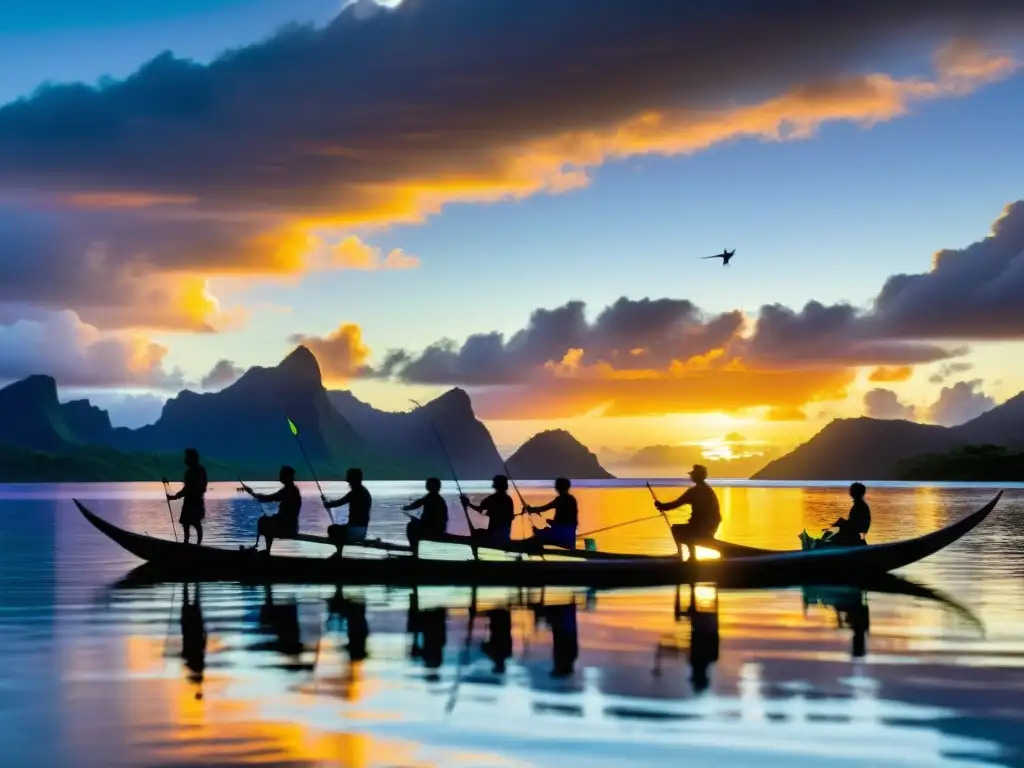 Un grupo de pescadores polinesios lanza redes desde una canoa tradicional al atardecer, mostrando prácticas de pesca tradicionales polinesias