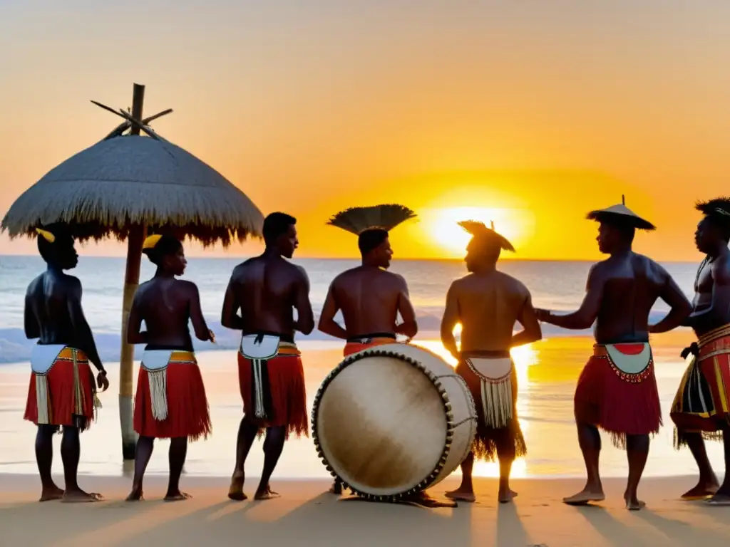 Grupo Garífuna con tambor en la playa al atardecer, vistiendo trajes tradicionales, reflejando la fusión cultural en Centroamérica