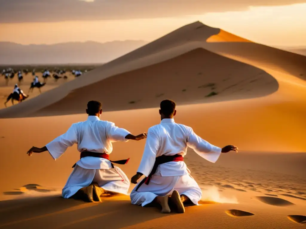 Un grupo de practicantes de artes marciales, vistiendo ropa tradicional de Libia, entrenando con intensidad al atardecer en el desierto