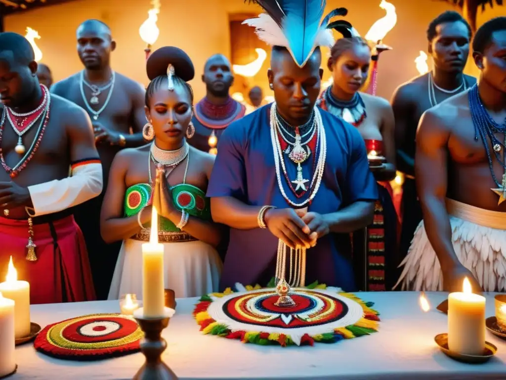 Grupo de practicantes haitianos del Vudú en trajes ceremoniales, danzando en un espacio sagrado con velas y ofrendas