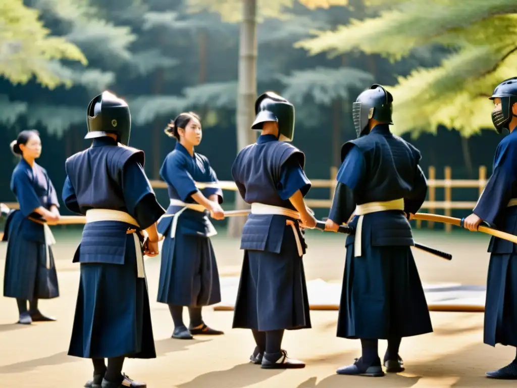 Un grupo de practicantes de kendo en uniformes tradicionales blanco y azul, listos para entrenar al aire libre bajo la cálida luz del atardecer