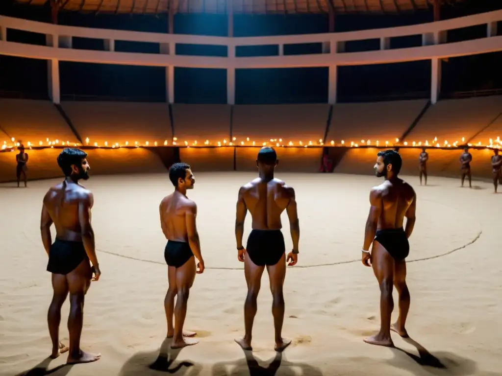 Grupo de practicantes de Kalaripayattu entrenando en un kalari con iluminación tenue de lámparas de aceite