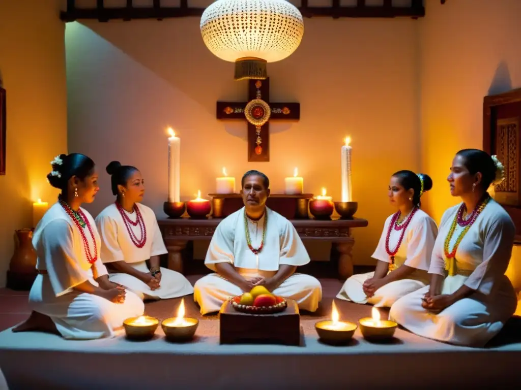 Un grupo de practicantes de Santería vestidos de blanco se reúnen en un ritual solemne, iluminados por el cálido resplandor de las velas