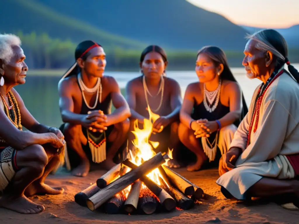 Un grupo de pueblos nativos se reúne alrededor de una fogata, iluminados por el cálido resplandor mientras realizan cantos tradicionales