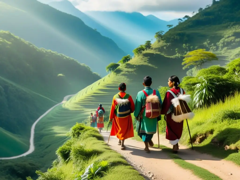 Un grupo de pueblos originarios camina en un sendero de montaña, con sus coloridos trajes tradicionales en contraste con el exuberante paisaje