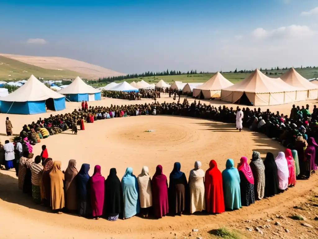 Grupo de refugiados celebrando Eid alFitr en campos, demostrando fortaleza y unidad en la adversidad