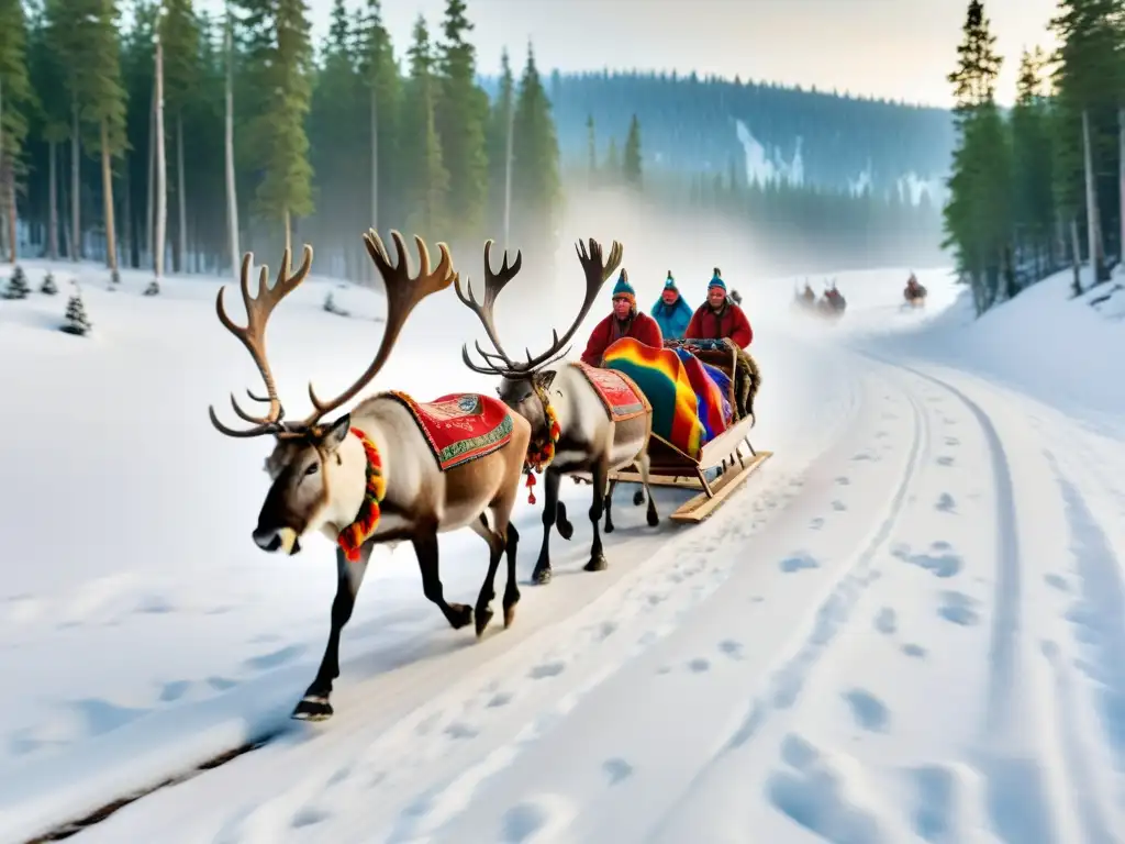 Un grupo de renos siberianos tira de un trineo tradicional a través de un bosque nevado