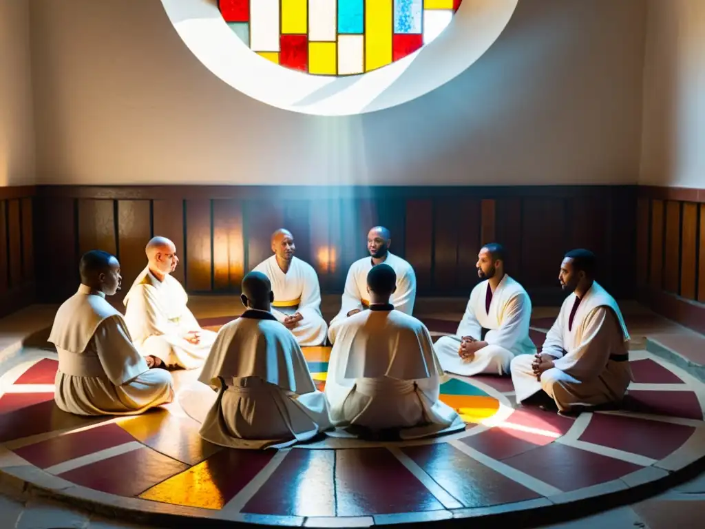 Grupo en retiro espiritual en monasterio histórico, compartiendo reflexiones en círculo bajo luz de vitrales