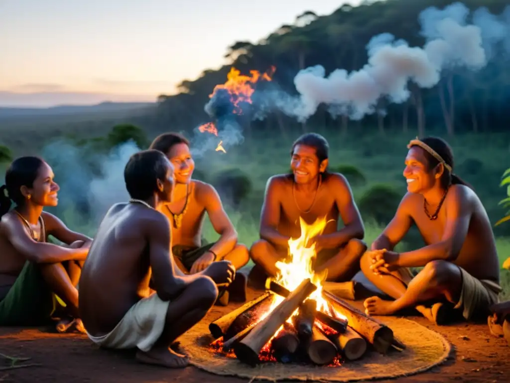 Un grupo de Guarani reunidos alrededor del fuego, conversando en su lengua nativa bajo el cálido resplandor de las llamas en la selva