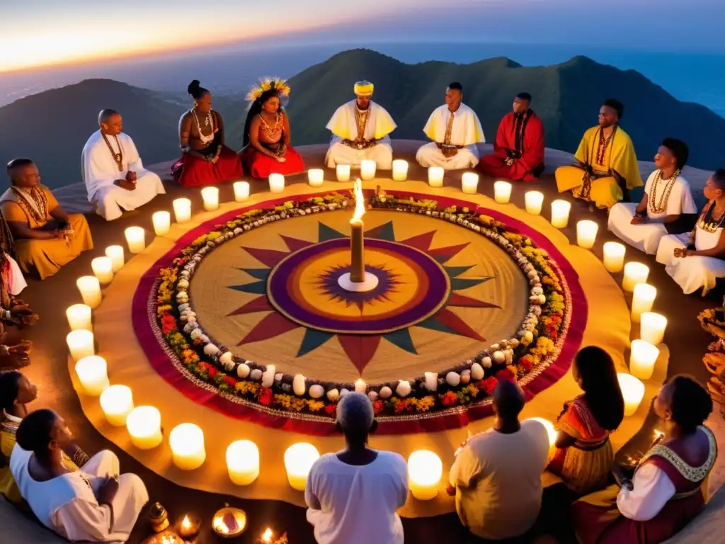 Un grupo realiza rituales de vudú en Benín y Togo al atardecer, rodeados de coloridas vestimentas, velas y un altar sagrado