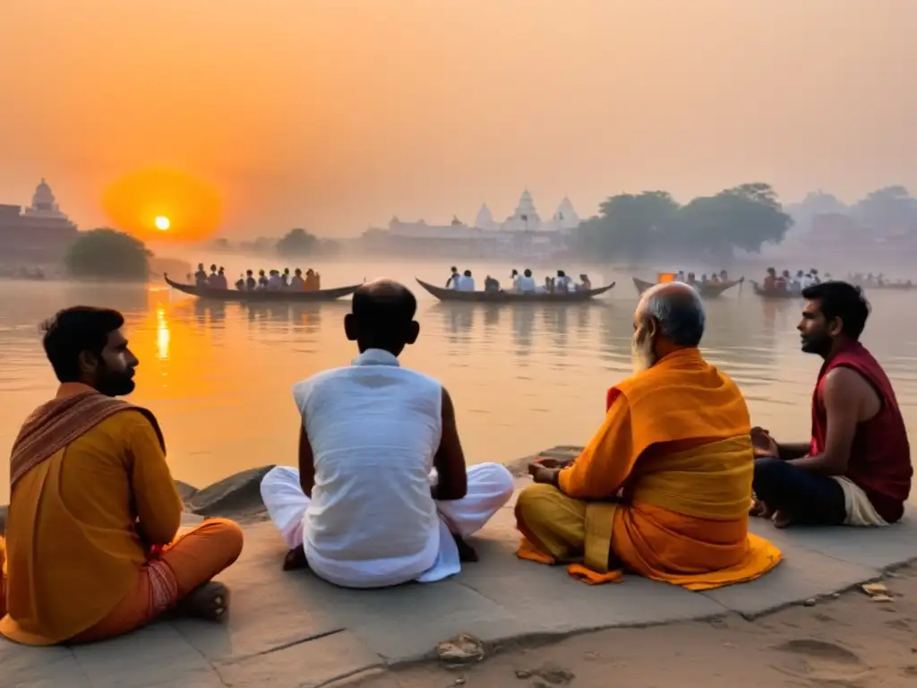 Grupo meditando al amanecer en el Ganges, vistiendo ropa tradicional india, reflejando calma y espiritualidad