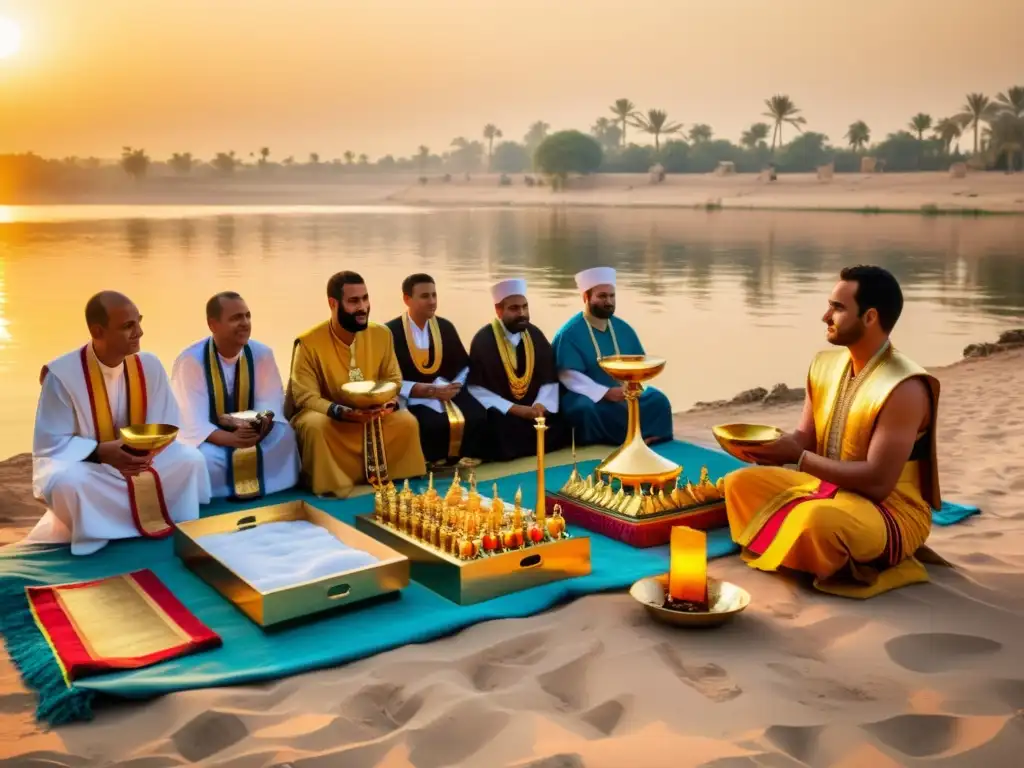 Grupo de sacerdotes egipcios realizando rituales tradicionales en las orillas del río Nilo al atardecer