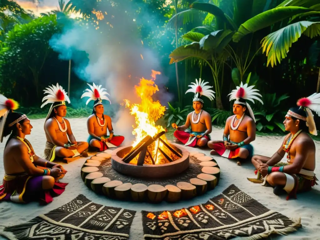 Grupo de sacerdotes y sacerdotisas mayas realizando rituales y tradiciones del Wayeb en la selva exuberante