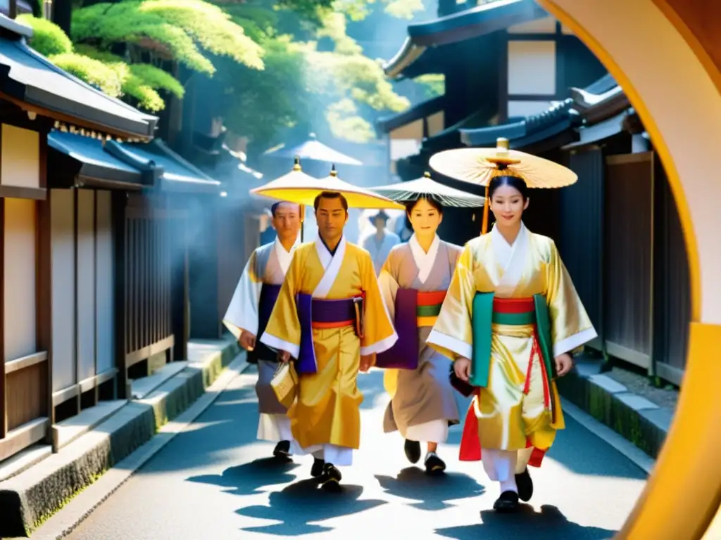 Un grupo de sacerdotes y sacerdotisas del Shinto, vistiendo trajes tradicionales vibrantes, encabezan una procesión en las antiguas calles de Kyoto