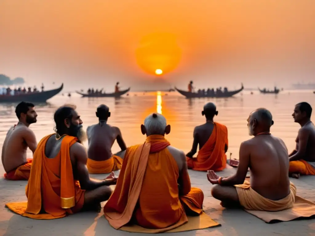 Un grupo de sadhus meditando junto al sagrado río Ganges en Varanasi, India