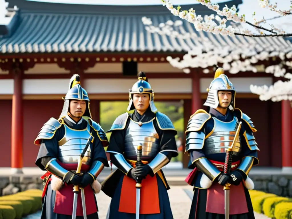 Un grupo de samuráis tradicionales en armadura y vestimenta ceremonial, frente a un templo ornamentado en Kioto, Japón