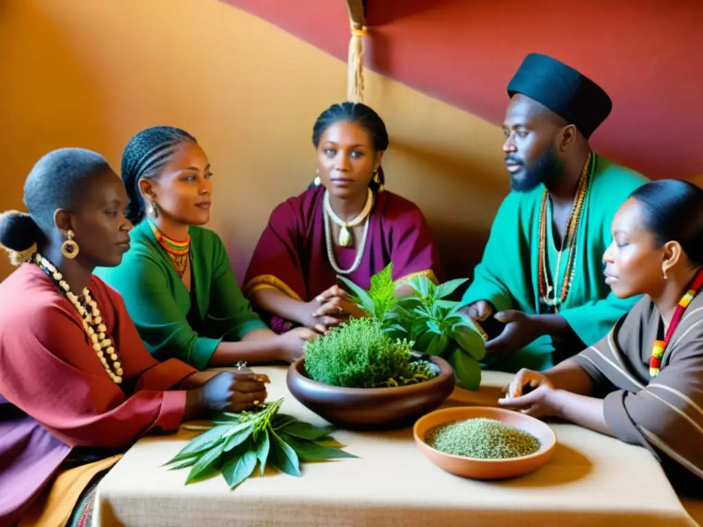 Un grupo de sanadores tradicionales de diferentes culturas se reúnen alrededor de una mesa llena de hierbas y plantas medicinales