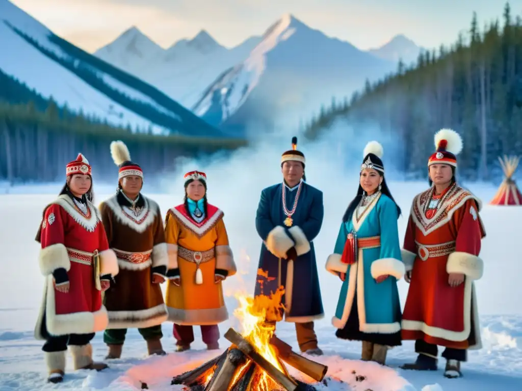 Grupo de indígenas siberianos en ceremonia de transición, junto a una gran hoguera en el paisaje invernal