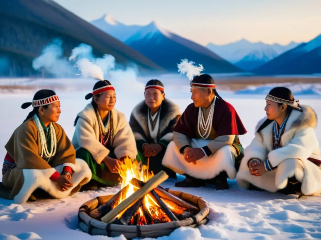 Grupo de indígenas siberianos en una ceremonia de transición, vestidos con atuendos tradicionales alrededor de una fogata, con paisaje nevado de fondo