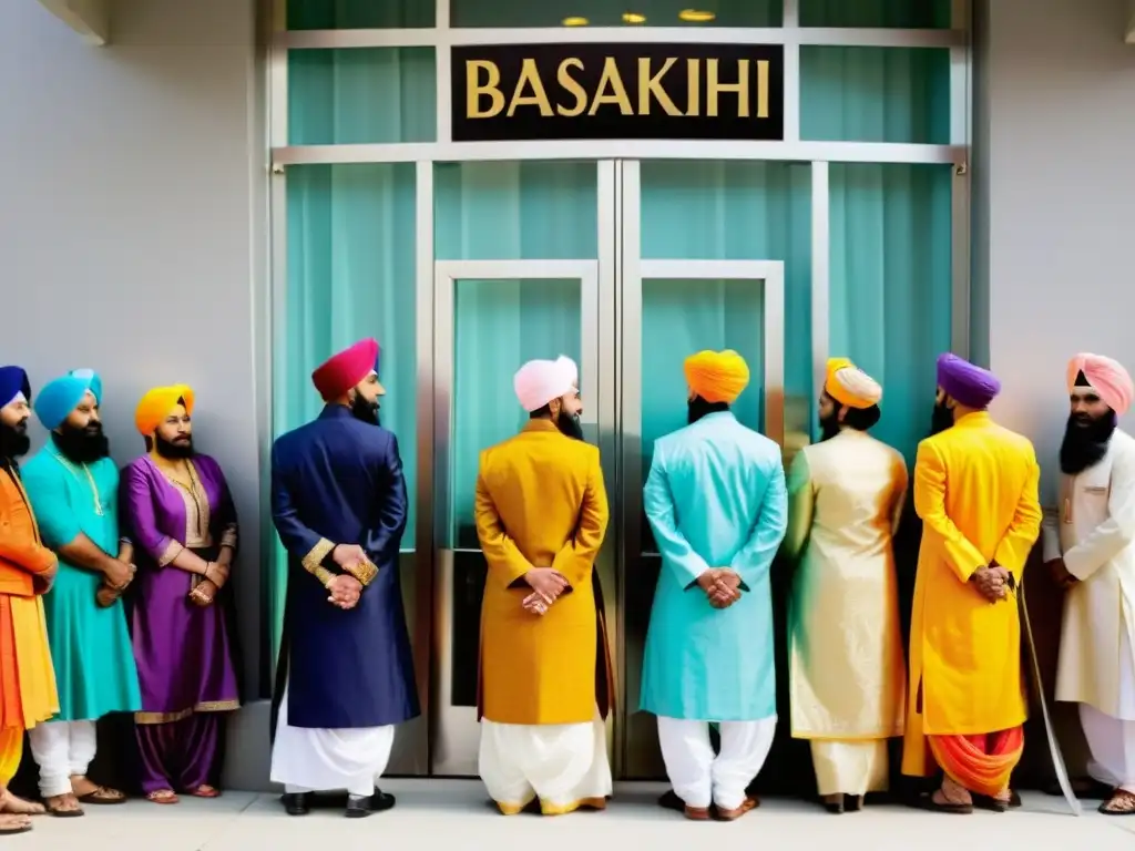 Grupo sij se reúne en gurdwara para la festiva procesión de Baisakhi Año Nuevo Sij Tradiciones