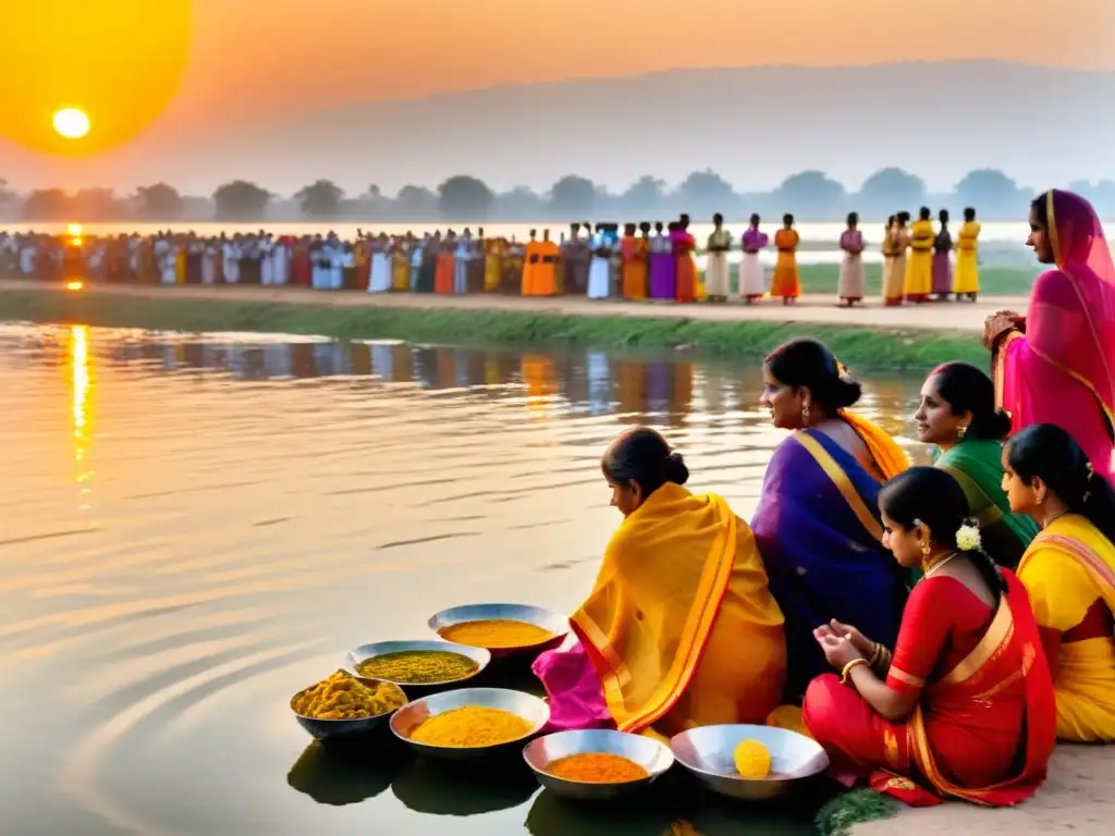 Grupo en Chhath Puja honrando al Sol al amanecer con ofrendas y oraciones, creando una atmósfera espiritual y emotiva