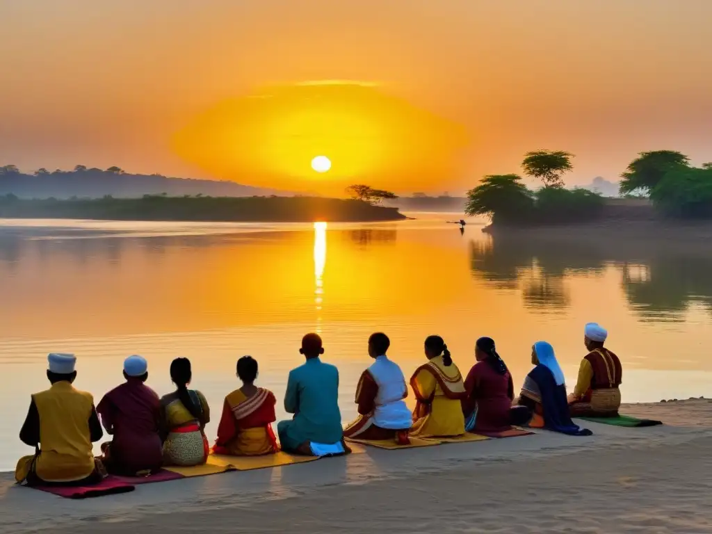 Grupo honra al Sol en Chhath Puja, con vestimenta tradicional junto al río al amanecer