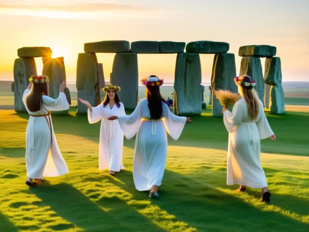 Grupo celebra el solsticio de verano en Stonehenge, vistiendo túnicas blancas y coronas de flores, bajo la cálida luz dorada del atardecer