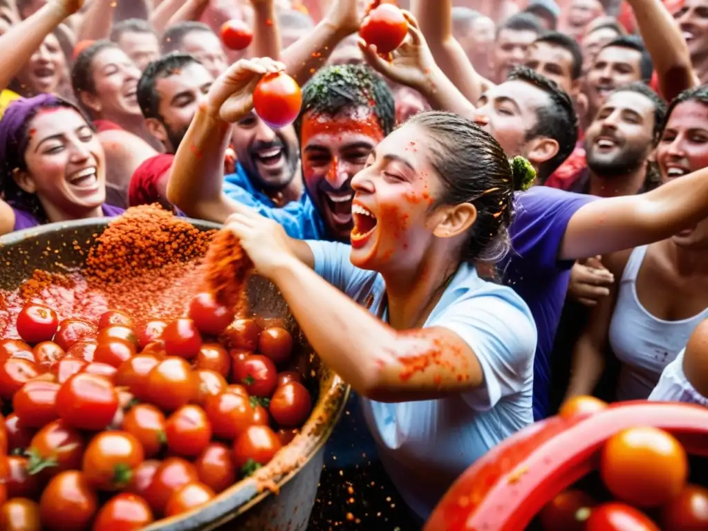 Grupo en La Tomatina lanzándose tomates rojos, capturando la energía y el significado cultural de La Tomatina en Buñol, España