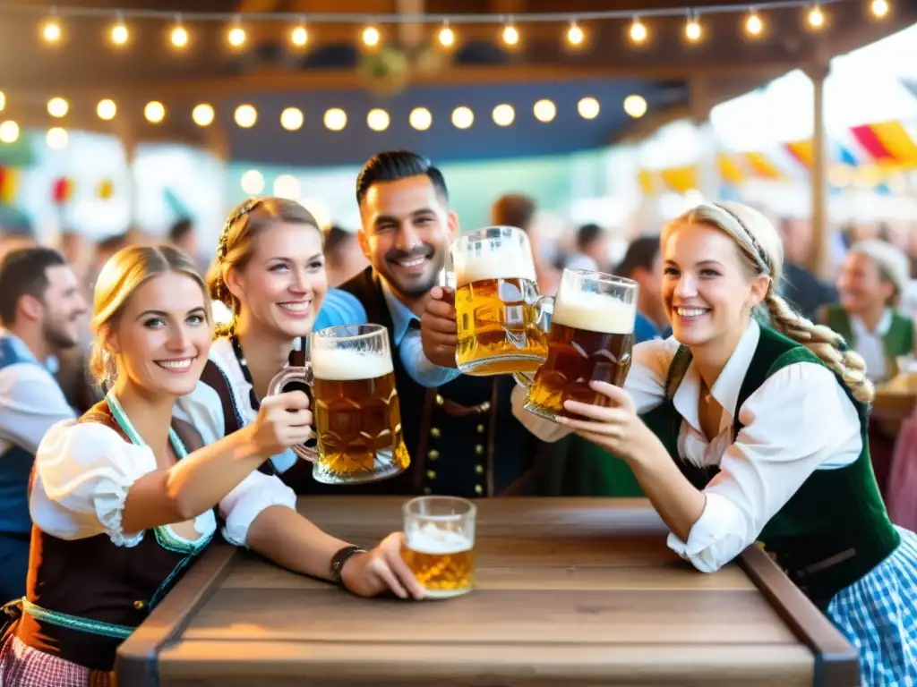 Grupo disfruta la tradición del Oktoberfest en Múnich con cervezas, risas y música bajo las luces cálidas