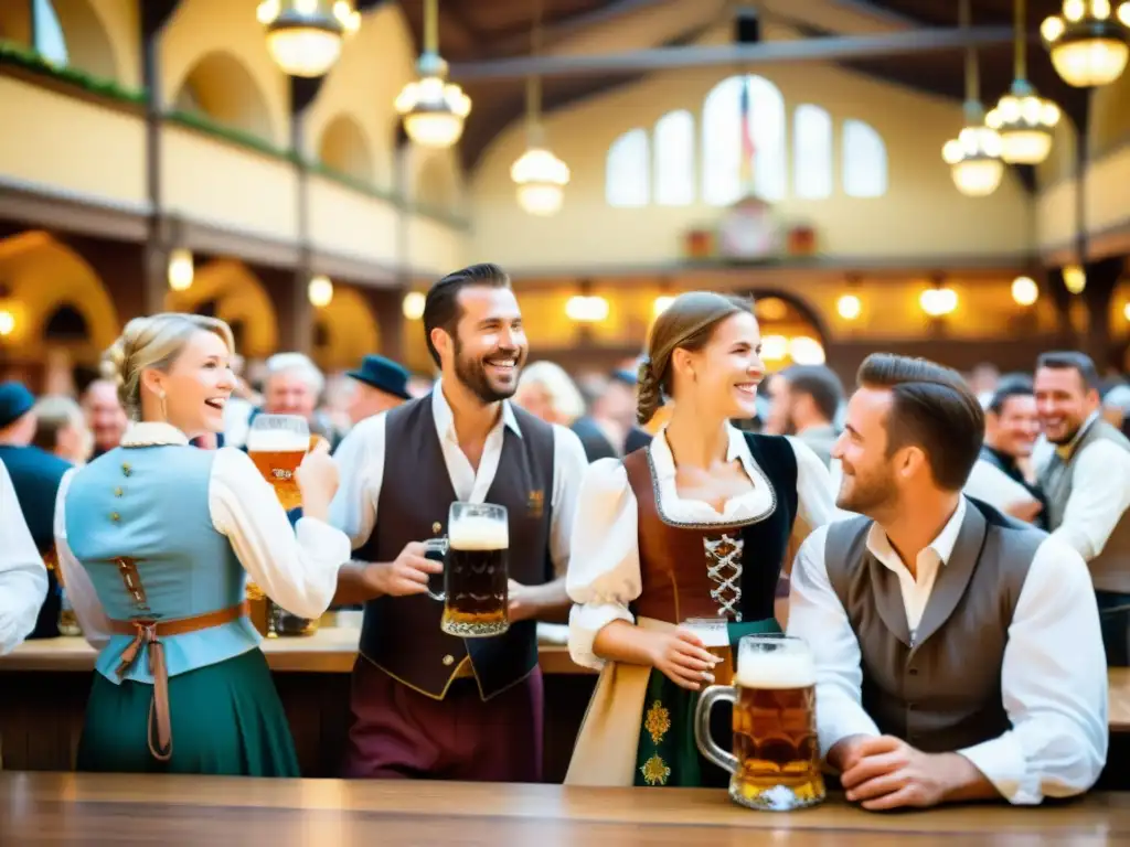 Grupo tradicional en Oktoberfest de Múnich, brindando con cervezas en una histórica cervecería, evocando la tradición del Oktoberfest en Múnich