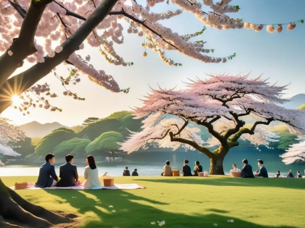 Grupo disfrutando de un tradicional hanami bajo los cerezos en flor en Japón