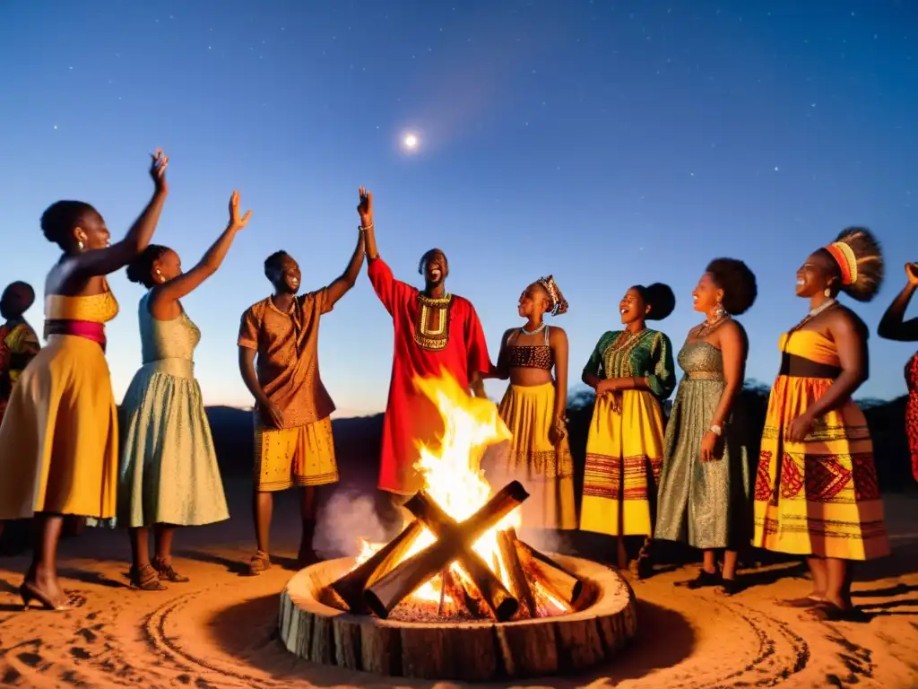 Grupo celebrando tradiciones de independencia en África alrededor de fogata, con bailes y cantos al ritmo de tambores bajo el cielo nocturno iluminado