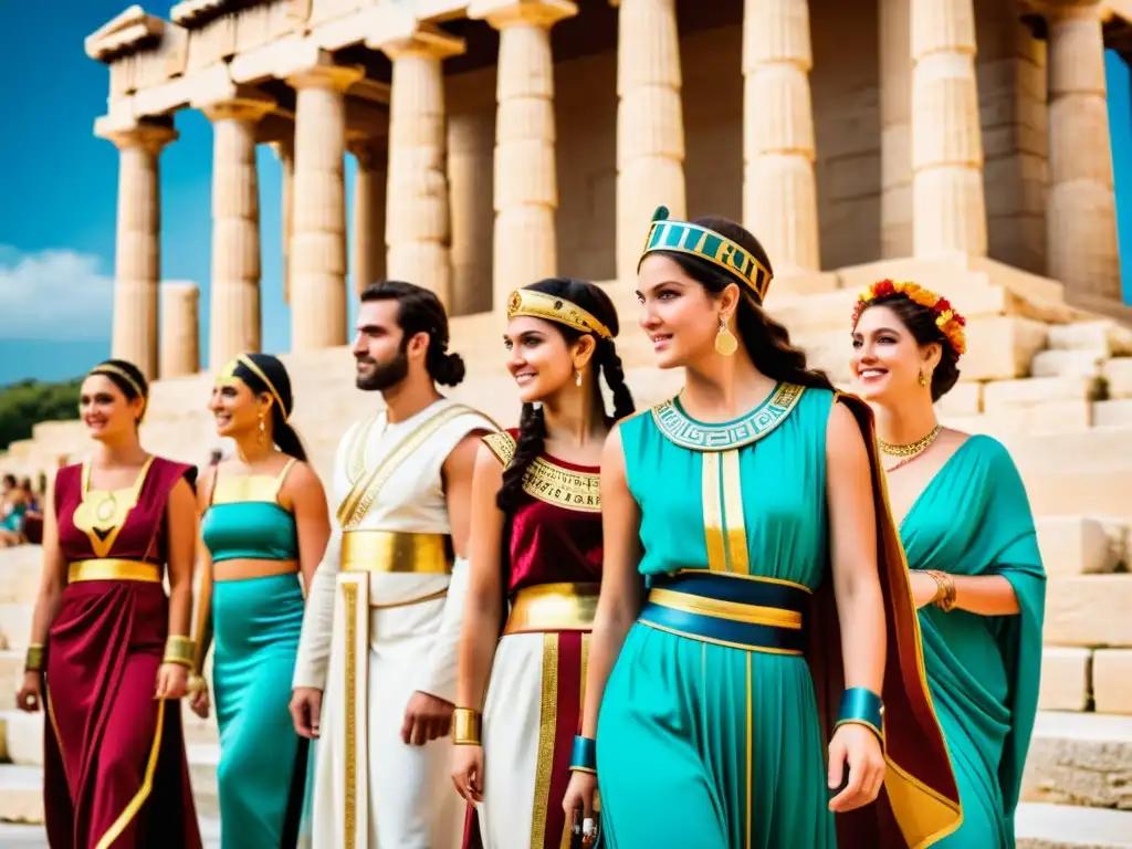 Grupo en trajes griegos participa en festival de mitología griega, con colores vibrantes y expresiones alegres