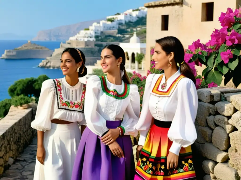 Grupo en trajes típicos de España folclórica posa junto a edificios de piedra y flores vibrantes en las Islas Baleares