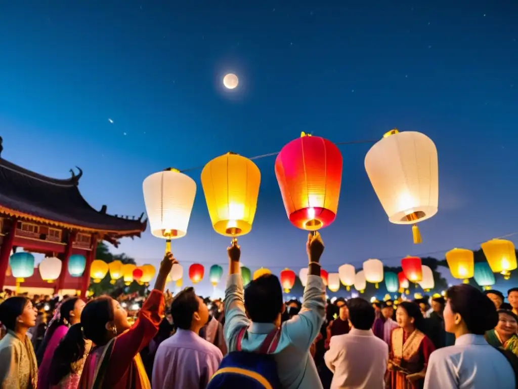 Grupo en trajes tradicionales asiáticos suelta linternas coloridas bajo la luna llena