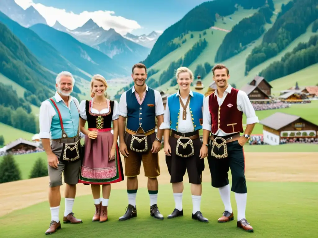 Grupo en trajes tradicionales bávaros posan ante los Alpes durante Oktoberfest, mostrando la tradición bávara en moda actual