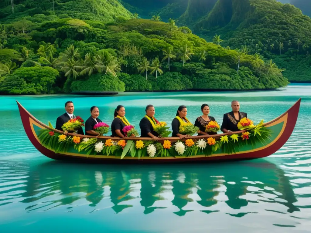 Grupo en trajes tradicionales de Chuuk participando en ceremonia funeraria con paisaje tropical exuberante