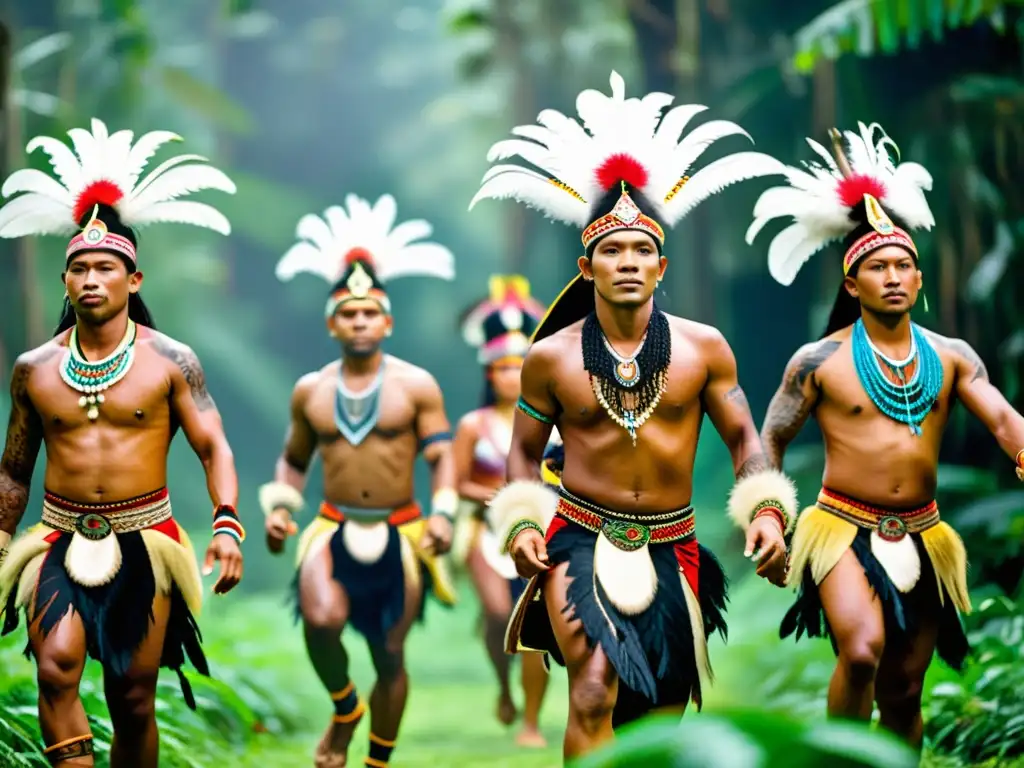 Grupo de Dayak en trajes tradicionales danzando en un claro del bosque, en el vibrante Festival Gawai Dayak Borneo, evocando tradición y comunidad