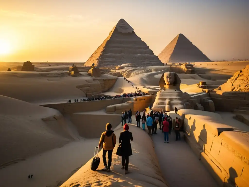 Un grupo de turistas maravillados frente a la Gran Esfinge de Giza al atardecer, rodeados por la majestuosidad de las pirámides