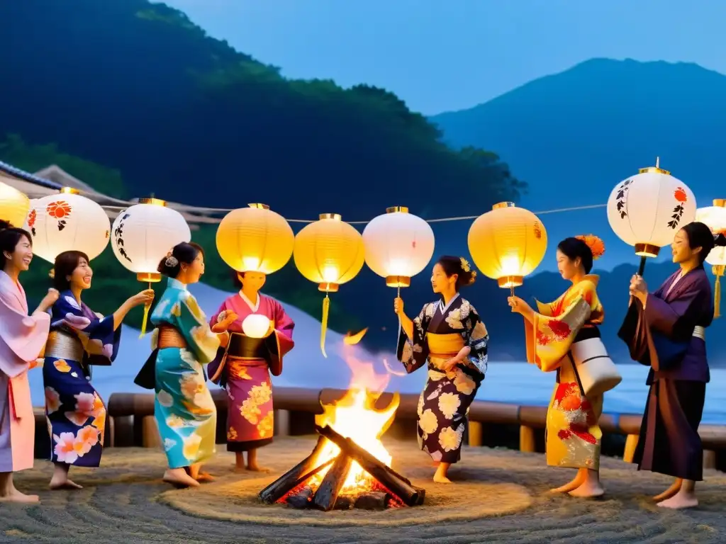 Grupo vestido con yukatas y kimonos bailando alrededor del fuego durante el festival Obon