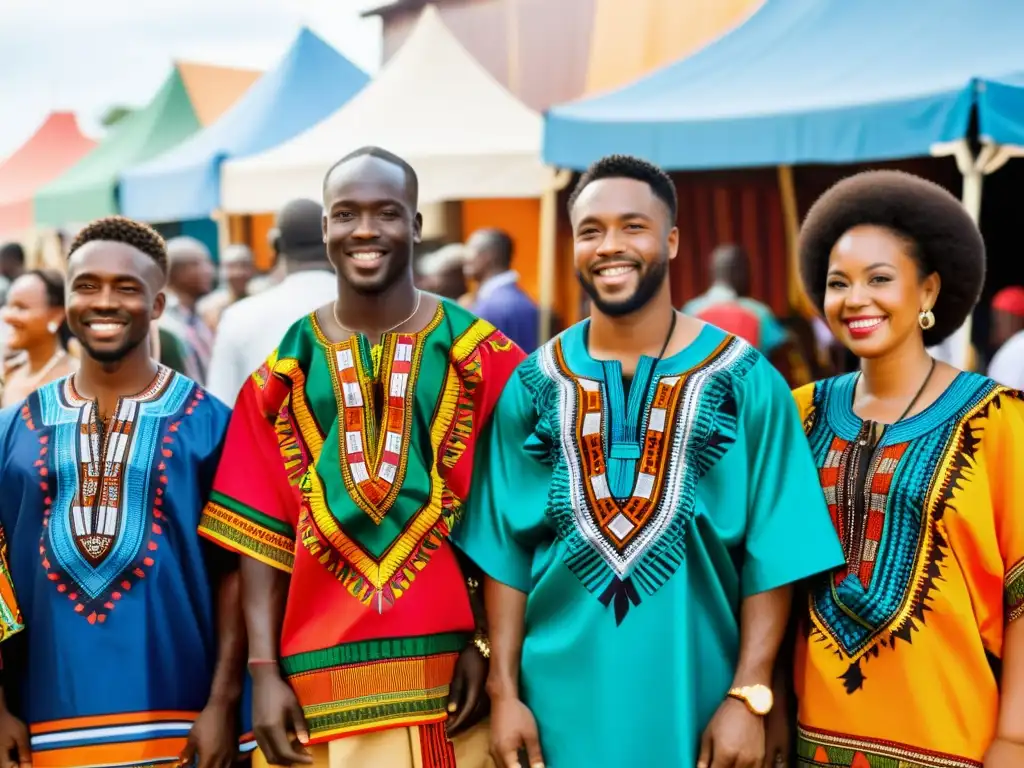 Grupo luciendo Vestimenta africana Dashiki tradicional, reunidos en celebración comunitaria en África, entre puestos de mercado y animadas conversaciones