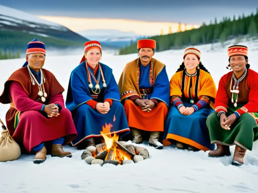 Un grupo de Sami en vestimenta tradicional se reúne alrededor de una hoguera en un paisaje nevado, mostrando su conexión con la herencia cultural