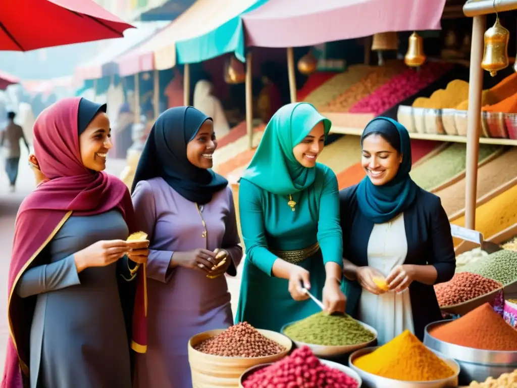 Grupo de viajeras musulmanas interculturales disfrutando de un animado mercado lleno de colores, aromas y conversaciones amistosas