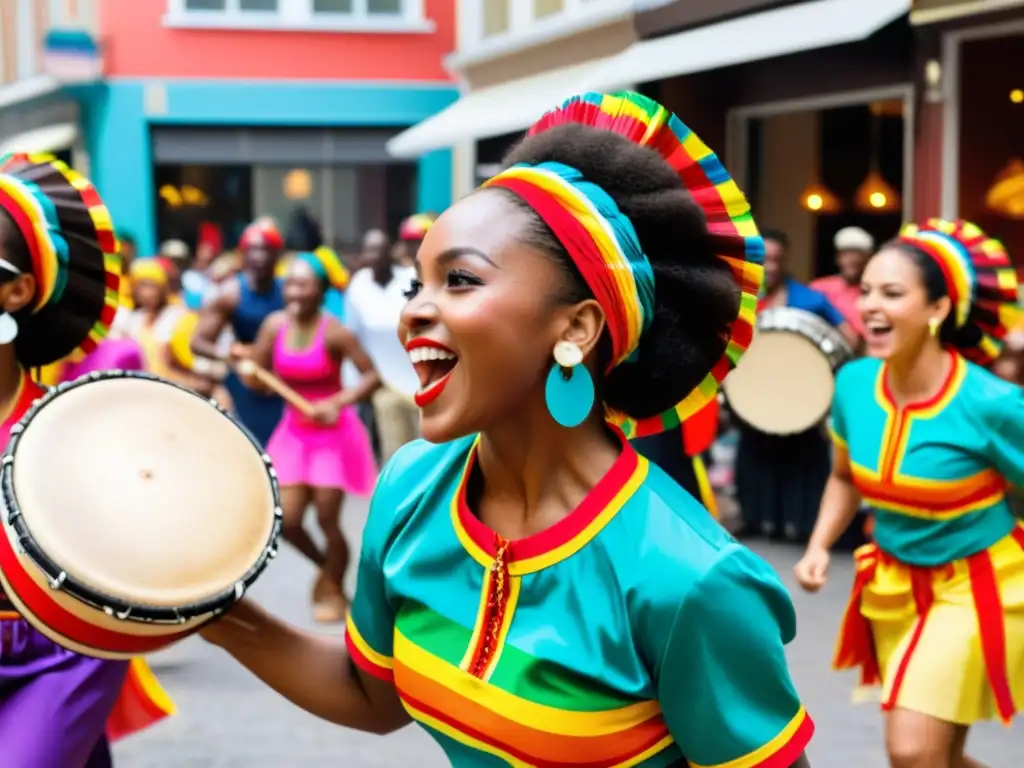 Grupo vibrante de bailarines en trajes coloridos disfrutando la danza afrocaribeña Palo de Mayo en festival callejero animado