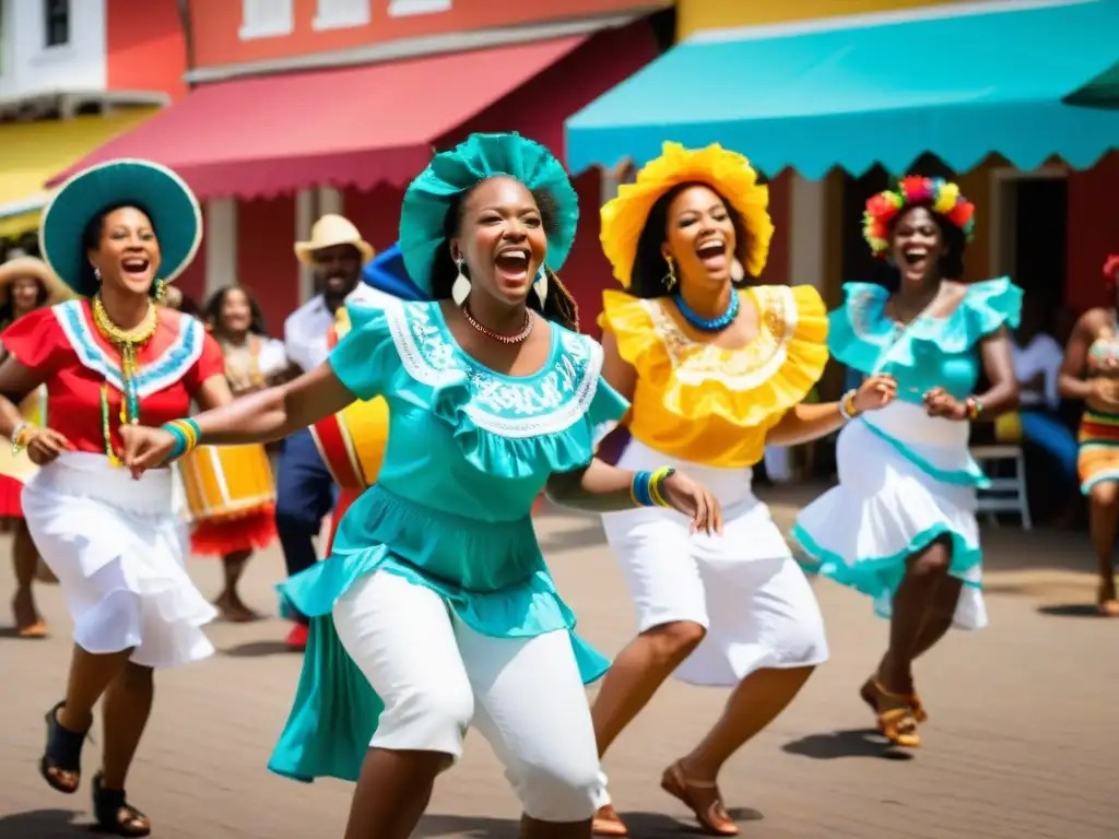 Grupo vibrante baila la Danza afrocaribeña Palo de Mayo con pasión y alegría, vistiendo trajes tradicionales coloridos